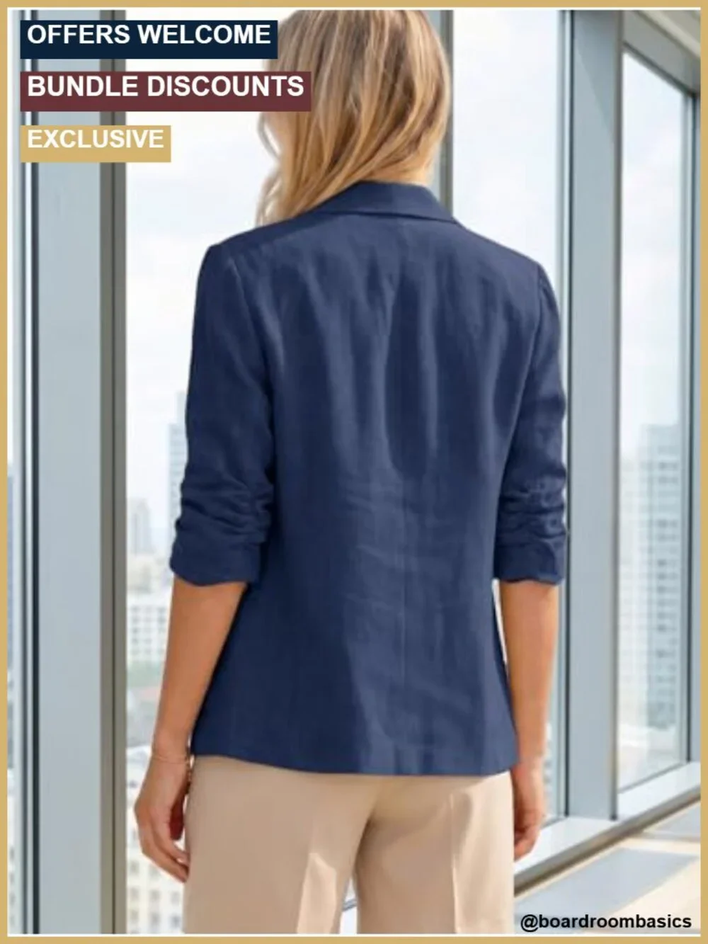 Linen Blend Business Casual Blazer with 3/4 Ruched Sleeves
